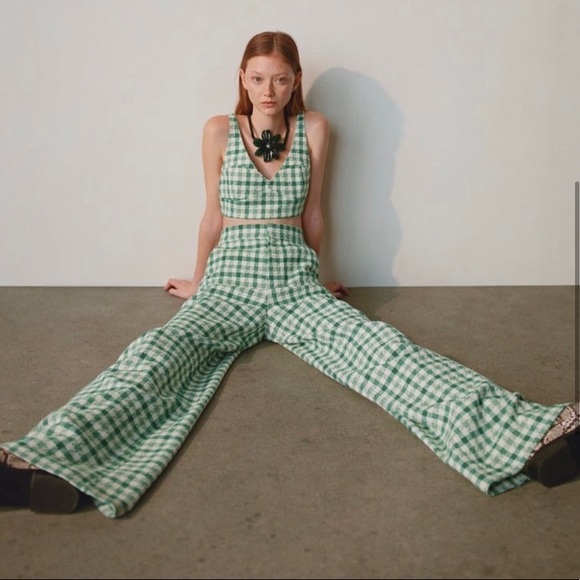 Retro Inspired High Waist Green Plaid Wide Leg Pants Zara Extra Small - Picture 1 of 12